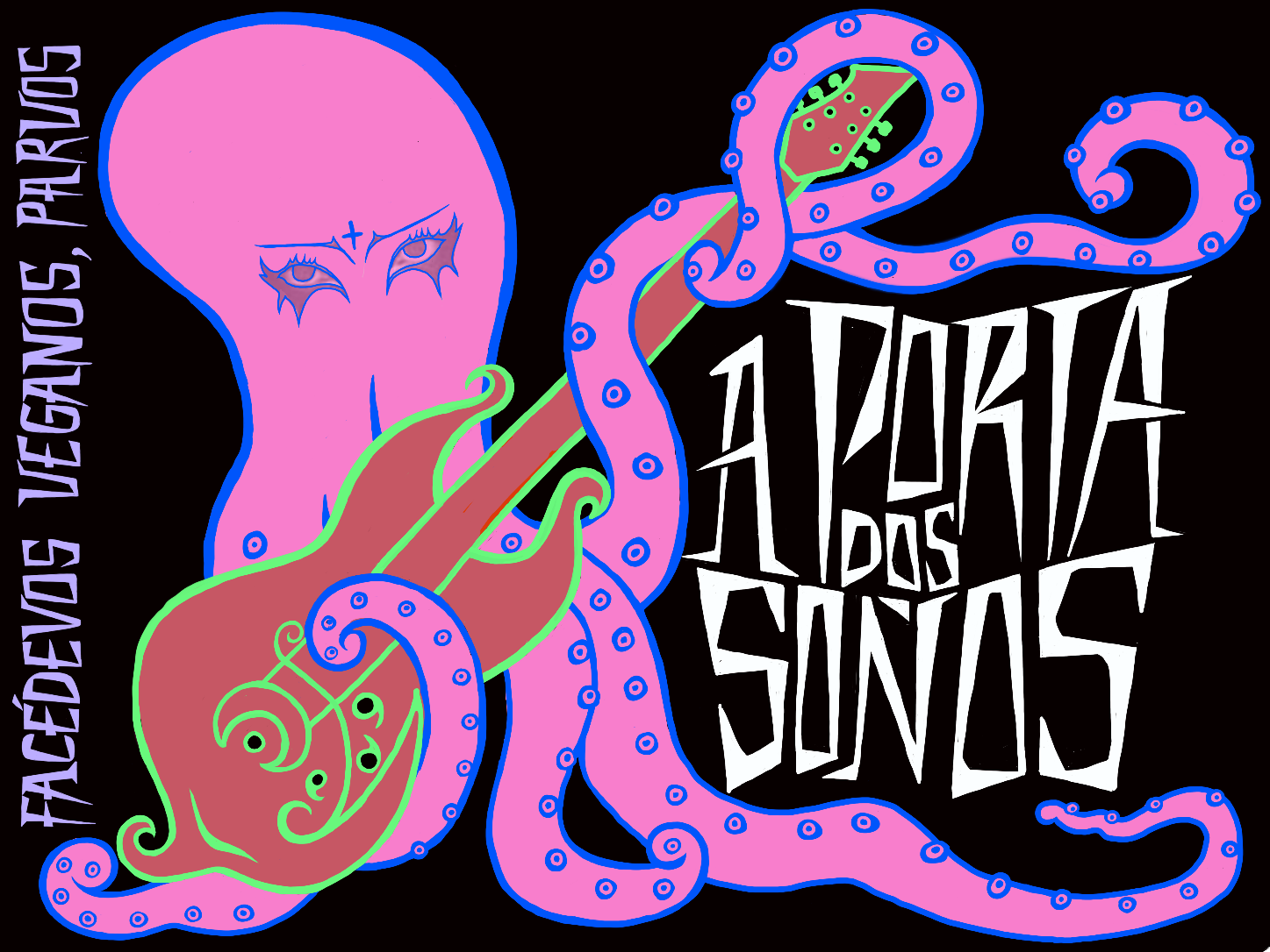 Cartel de A Porta dos Soños: un pulpo rosa tocando una guitarra sobre fondo negro, en clave de estética rock